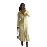 Solid Color Clasp-Buttoned Knitted Long Dress In Autumn