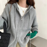 Version Autumn Winter New Casual Hoodie Pure Color Knit Cardigan Female Loose Lazy Wind Double Zipper Sweater Coat Female-Outfit