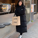 Black Down Cotton Clothes Women Long Over The Knee Winter 2024 New Korean Version Of Cotton-Padded Jacket Women Loose And Thick Padded Clothes-Outfit