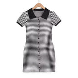 Trend Women's Lapel Small Diamond Lattice Single-Breasted Short-Sleeved Lapel Skirt Knitted Breasted Dress-Outfit