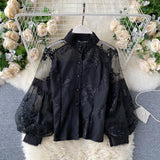 Retro Mesh Lace Tops Women's Stand Collar 3D Embroidered Long Lantern Sleeve Court Slim Shirt Elegant Blouse