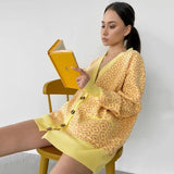 V-neck Lantern Long Sleeve Cardigan Women Knitted Printed Oversized Sweater 2022 Fall New Single-breasted