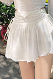 Sexy Cute White Mini Skirt Women Drawstring Folds High Waist Irregular Ruffle Patchwork Fairycore Short Skirts Mori