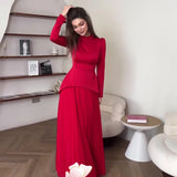 Autumn New Solid Fashion Splicing Design Round Collared 100-Folded Dress