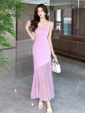 Stitched Pink Knitted Dress A New Summer Style For Women With Waist Halter And Perspective Fishtail Dress-Outfit