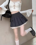 Pleated Skirts Women Sexy Bowknot High Waist Lace Patchwork Spring Fashion Culottes Sweet Firl Mini Skirt Casual-Outfit
