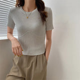 White Knitted Bottom T-Shirt Hottie New Ice Silk Short-Sleeved Woman Design Slim Short Thin