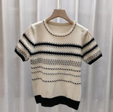 Version Of Chic Summer Small Casual Round-Coln Color Three-Dimensional Stripe Design Sense Loose Short-Sleeved Knitted T-Shirt