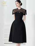 Han Queen Summer Dresses Womens Korean Retro O-Neck A-Line Black Vestidos Elegant Fashion Slim Midi Office Party Casual Dress-Outfit