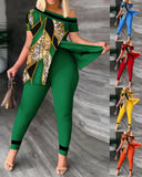 Women's Wear Summer New Fashionable Leisure Forked Oblique Collar Printing Suit-Outfit