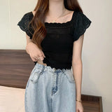 Edge French Style Collar Short Sleeve Small Knitted T-Shirt Girl Summer Sweet Niche Care Machine Short