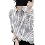 Comfortable With The Striped Long-Sleeved Shirt Of The Women's Spring And Autumn New Collar Top Loose Thin Shirt