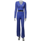 2025 New Knitted Set Of Women's Fluorosclumned Casual Solid Color Hollow High-Waisted Trousers Commuting