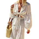 Toloer Spot 2023 Summer New Female Bohemian Bubble Sleeve Cardigan Skirt Two Sets-Outfit