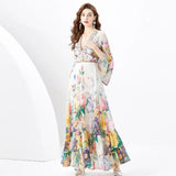 Retro Court Style Dress Female Design Horn Sleeves Long Chiffon Leaf-Side