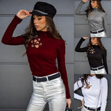 Women Lace Patchwork T-shirt Long Sleeve Turtleneck Skinny Tshirt Autumn Winter Fashion Slim Butterfly Sleeve Solid T Shirt-Outfit