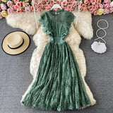 Purple/Green/Red Lace Midi Dress Women Sweet Round Neck Ruffle Vestidos Female High Waist Slim Robe Spring Autumn