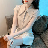 Toloer Shirt Female 2023 Summer Pendant Feeling Short Sleeve Retro Port Style A Button Small Necktie Commuting Professional Wear-Outfit