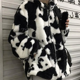 Winter Women Fleece Jackets Furry Teddy Coat Women Harajuku Milk Cow Print Faux Fur Jacket Vintage Hip Hop Warm