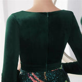 Winter Elegant Velvet With Sequins Deep V Neck Long Sleeve Slit Cocktail Eevening