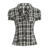 Cloth Forget British Wind Wood Ear V-Neck Check Shirt Temperament Waist Button Bubble Sleeve