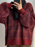 Houndstooth Crew Neck Knit Sweater-Outfit