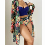 Toloer New Sexy Bikini Mesh Three-Piece Set Gathered Print Split Swimsuit