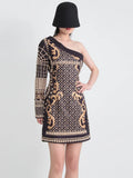 Toloer Spring Wear New Printing Heavy Industry Nail Bead Single Shoulder A Line Skirt Retro Style Small Long-Sleeved Dress-Outfit
