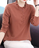 2023 New T-shirt Loose Large Short Sleeve Women's Blouse Solid Color Button Folds O-Neck Casual Fashion Tops-Outfit