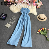 New Spring Autumn Fashion sleeveless off shoulder denim Jumpsuit high waist pleated solid color casual wide leg