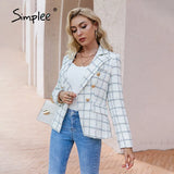 Simplee Office za plaid pocket women blazer jacket autumn Elegant long sleeve white suit blazer Causal female fashion top