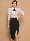 Han Queen Elegant 2024 Summer 2 Pieces Set Women Bow Lace Tops + High Waist Slit Pencil Skirts Casual Simple Office Skirt Suit-Outfit