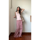 And Languid Temperament Short-Sleeved Top High Waist With Loose Pink Striped Broad Leg Trousers