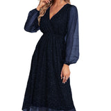 Toloer New V-Collar Elegant Slim Solid Color Stitching Mesh Perspective Sprinkling Powder Dress Female-Outfit