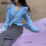 V Neck Long Sleeve Cardigans Women Japanese Sweater Vintage Single Breasted Crop Knit