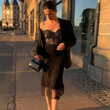 Sexy Little Sling Lace Spliced Split Dress Female Heart Pure Desire Wave Lead Fairy Skirt-Outfit