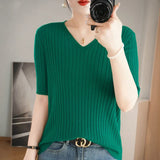 Toloer The Summer Of 2024, Women's Knit Short Sleeve Korean V-Neck Solid Color T-Shirt And A Pit Top-Outfit