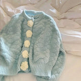 Blue Knitted Rose Buttoned Cardigan-Outfit
