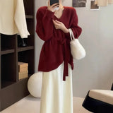 Toloer Goods V-Neck Belt Long Sheep Velvet Women Autumn And Winter Loose Knitted Wool Inside The Bottom