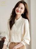 Han Queen New 2023 Autumn Vintage Office Blouse Female Shirt Lace Embroidery Beads Tops Long Sleeve Casual Women Loose Blouses-Outfit