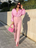 Fashion Pink Women's Pants 2022 Summer Elegant High Waist Slit Wide Pants Female Casual Loose Vintage