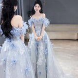 Feather Hanging Neck Open Shoulder Fashion Atmosphere Thin Long Skirt Evening Dress Students Graduation Performance Choral