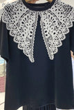 Woman Tshirts Lace Hollow Out Crochet Turn Down Collar Patchwork Short-sleeved Shirt Summer Casual Tops Clothing