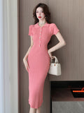 Real Shot Is Pure, Stylish, Sexy, Slim, Thin, Lapel, Short-Sleeved, Knitted, Buttocks, Fishtail Dress, Summer Dress-Outfit