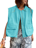 New Women's Sleeveless Pocket Baggy Vest Solid Color Cardigan Zipper Fashion Coat Women-Outfit