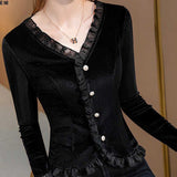 Womens T-shirt Spring Summer V-Neck Long Sleeve Solid Color Button Fashion Casual Tees Stylish Blouses Elegant Tops-Outfit