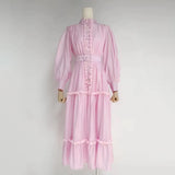 Casual Dress For Women Stand Collar Long Sleeve High Waist Ruffle Trim Solid Midi Dresses Female Spring Clothes