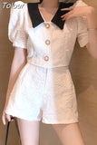 Fahsion Shorts Set Women 2023 New Summer Pearl Buttons Lapel Puff Sleeve Short Shirt And Wide Leg Shorts Two-Piece