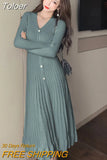Korean Vintage V-Neck Single-breasted Long Sleeve Elasticity Midi Dress Women Casual Bodycon Skinny Knitted Ruffle