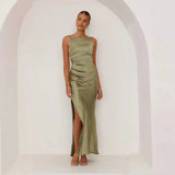 Spring And Summer Women's New Solid Color Sexy Bare Back Open Fork Long Skirt Sleeveless Sleeve-Less Dress Dress Dress